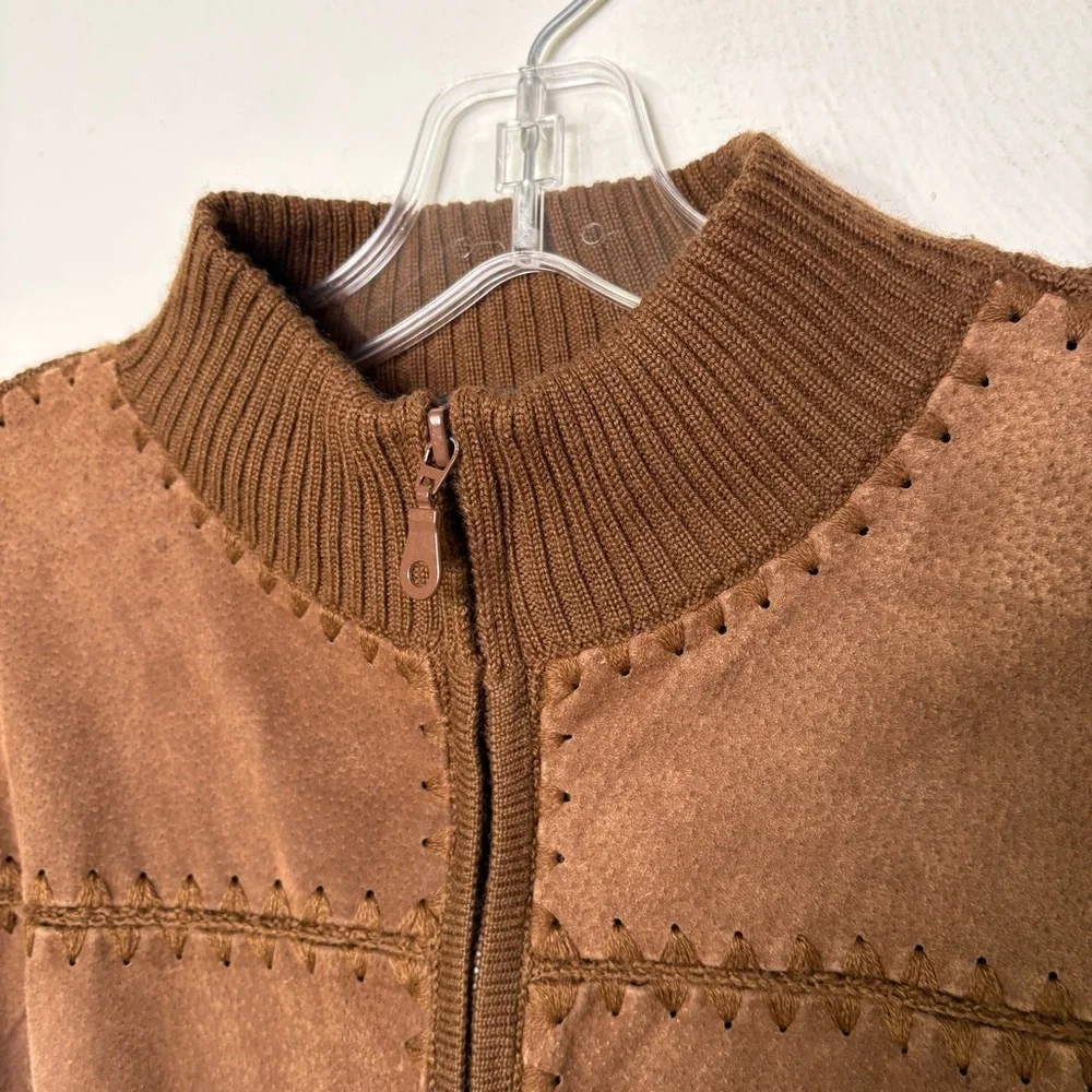 Vintage Wool Blend Suede Leather Patchwork Zip Cardigan Jacket Sweater Boho 70s - Picture 7 of 16